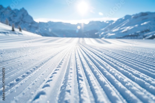 New groomed ski piste or slope. Lines in snow with sunny mountains background. Winter skis concept.  © Straxer