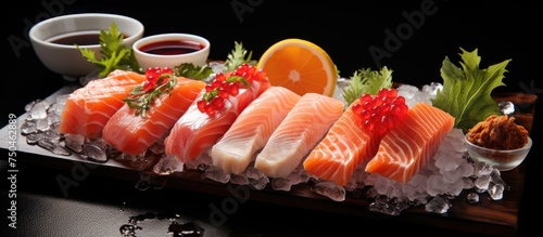 Elegant Sushi Platter with Fresh Salmon, Crab Sticks, and Dolly Fish on Ice - Exotic Seafood Delicacy