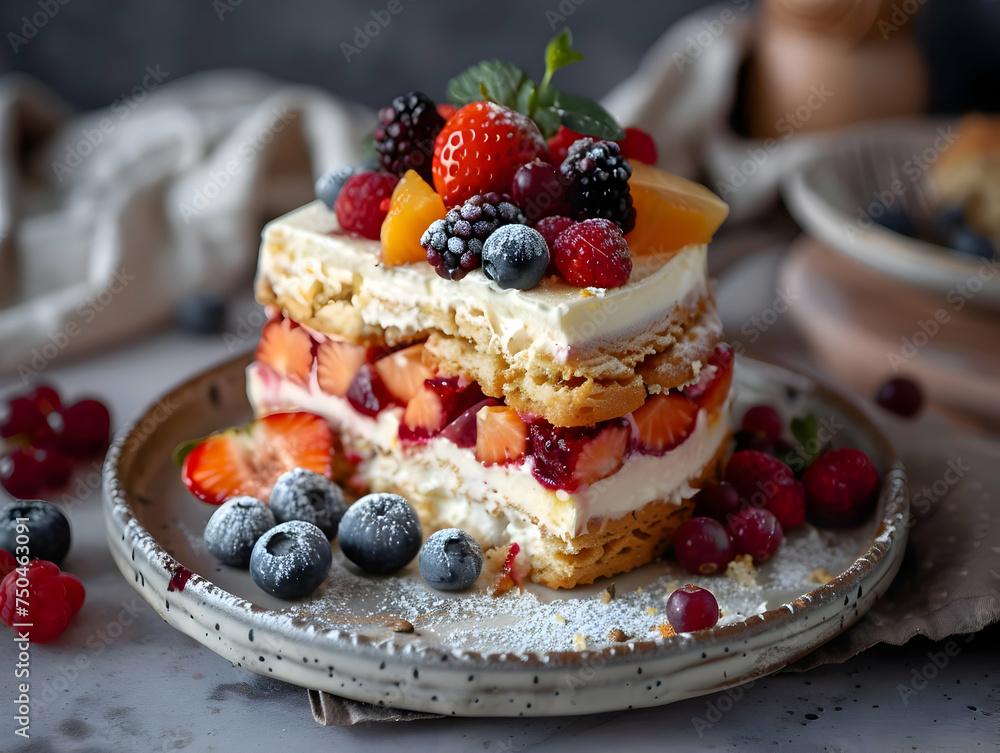 Biscuit cake piece with berries. High-resolution Biscuit cake piece with berries. High-resolution