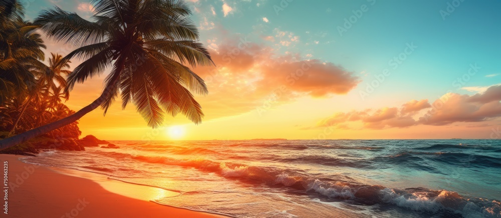 Tranquil Paradise: A Majestic Sunrise Over a Serene Beach with Palm Trees