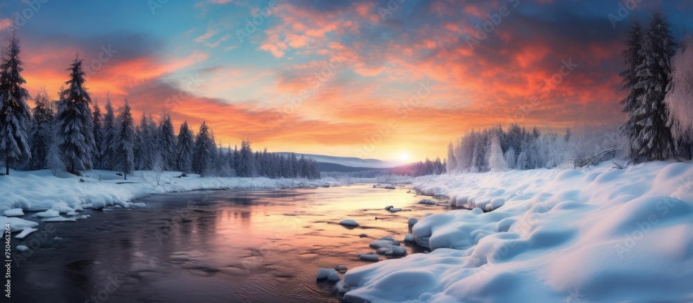 Tranquil Winter River at Sunset: A Stunning Dusk Landscape with Snow-Covered Trees and Icy Waters