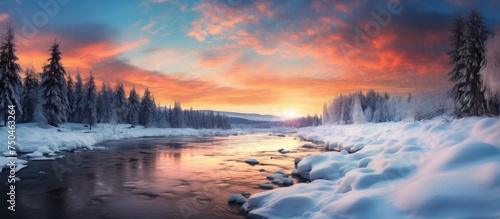 Tranquil Winter River at Sunset: A Stunning Dusk Landscape with Snow-Covered Trees and Icy Waters