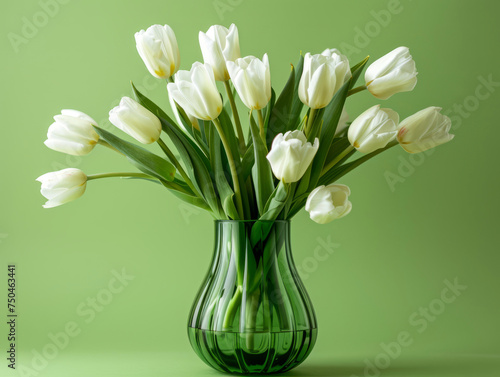 white tulips in green glass vase on green background  