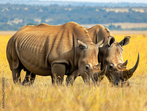 Two wild rhinos standing side by side in a sunny savannah  a sight of companionship in the wild.