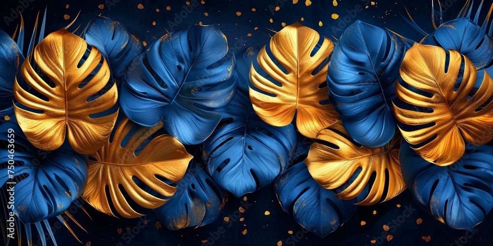 Artistic background with bright yellow and blue leaves on a dark stylish background. Artistic background with bright yellow and blue leaves on a dark stylish background.