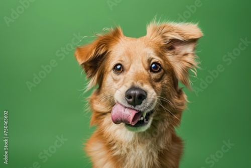 Portrait cute puppy dog licking its lips looking at camera. Isolated on green background 