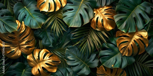 Close-up of a leafy green plant with golden leaves. The golden leaves are surrounded by green leaves, creating a contrast between the two colors. photo