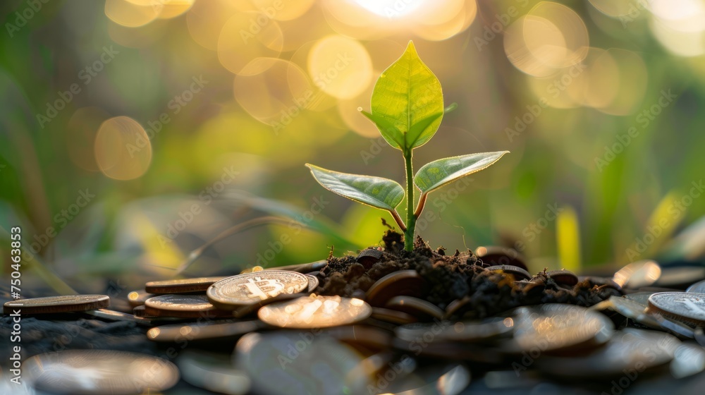 a small plant sprouting in a pile of coins a small plant sprouting in a pile of coins