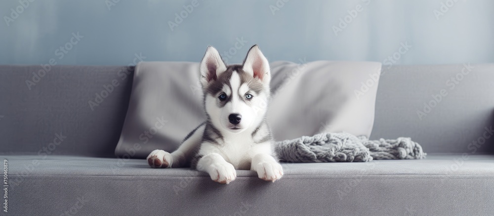 Adorable Siberian Husky Puppy Relaxing on a Cozy Couch in Modern Living Room