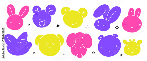 Cool Set with balloon animals. Festive collection of inflatable muzzles shapes for y2k style birthday celebration party decor. Fancy abstract characters isolated vector design.