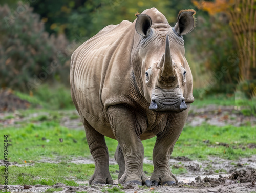 A lone rhinoceros standing peacefully on the grass.