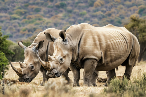 Two rhinos standing side by side in the savannah, a sight of companionship in the wild.