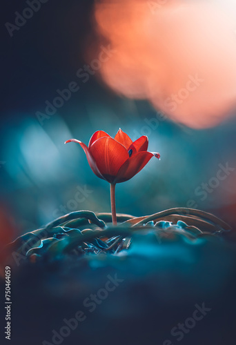 Spring Macro of a single isolated red tulip flower against a soft, blurred green background with bokeh bubbles and golden hour sunshine (ID: 750464059)