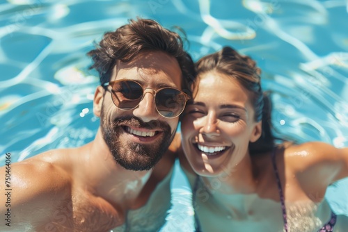 smiling happy couple having fun together in resort swimming pool. summer vacation, getaway travel. banner with copy space