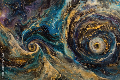 Abstract formations resembling planetary orbits and cosmic trajectories against a backdrop of swirling galaxies photo