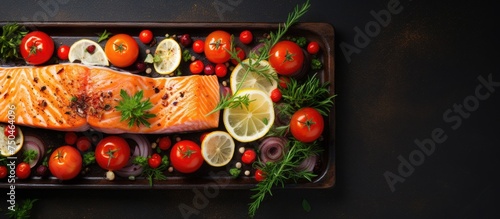 Vibrant Baked Salmon Fillet Served with Fresh Tomatoes, Onions, and Lemon Wedges