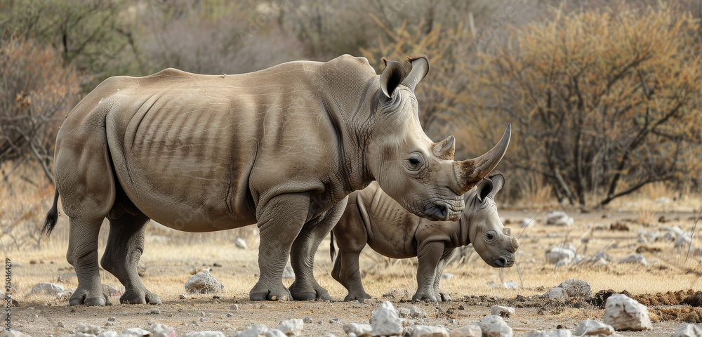Fototapeta premium A rhinoceros mother and calf in the savannah, an intimate moment of wild family life.