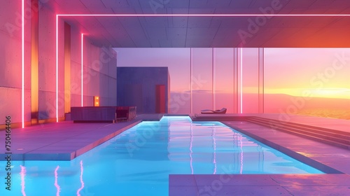 Abstract architectural concrete interior of a modern villa on the sea with swimming pool and neon lighting. 3D illustration and rendering