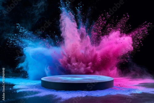 black Podium stand studio stage 3d ,background 3d for product or cosmetics presentation. Colored powder explosion, pink, blue, purple colors paint powder splash around podium on black background photo