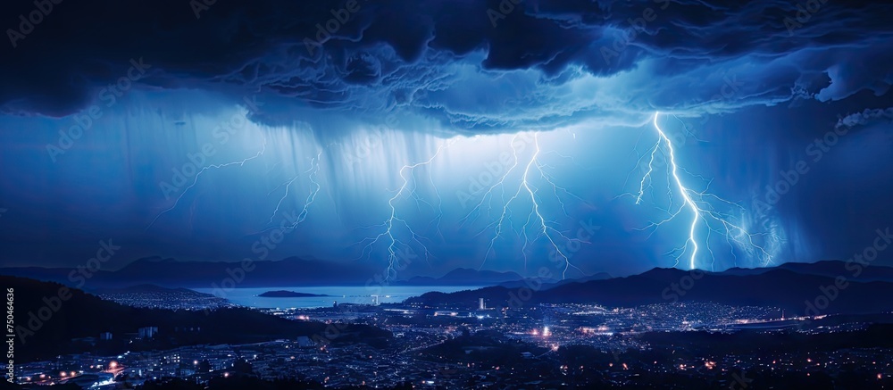 Dramatic Lightning Storm Engulfs the Night Sky over the City of Quit, Ecuador