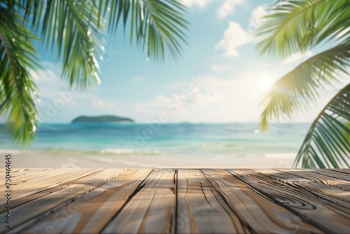 Top of wood table with seascape and palm leaves, blur bokeh light of calm sea and sky at tropical beach background. Empty ready for your product display montage. 