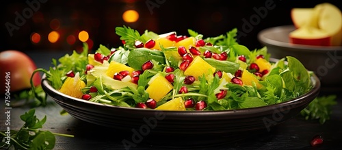 Exotic Fusion: Vibrant Mango, Pomegranate, Lettuce, and Rocket Salad in a Serving Bowl