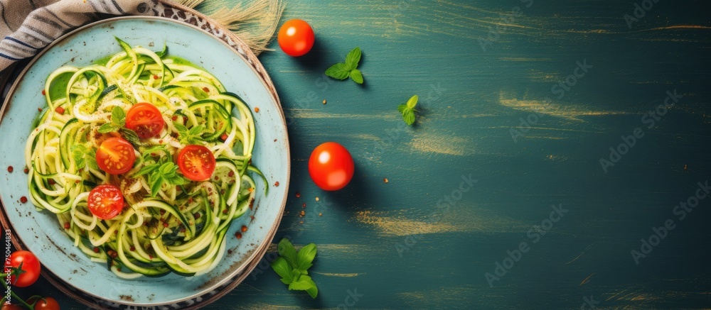 Vibrant Zucchini Noodles Salad with Cherry Tomatoes and Basil on a Plate