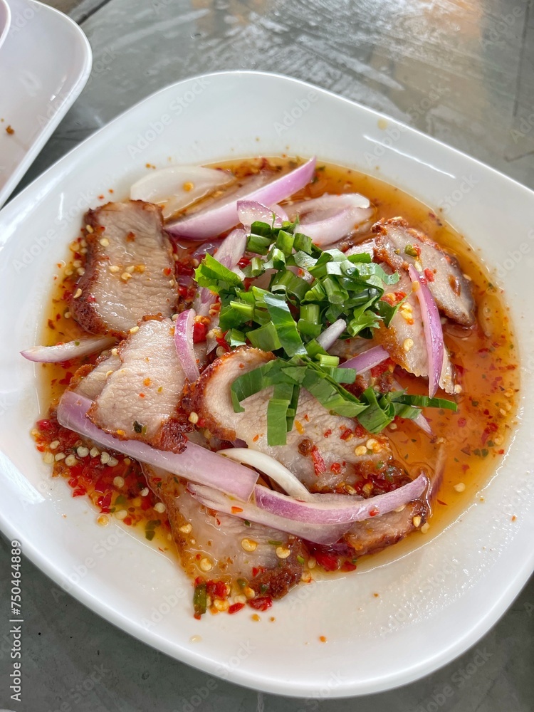 Spicy pork salad with vegetables, Asian style food. Thailand