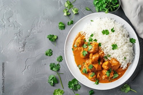 Traditional Indian dish chicken curry with basmati rice and fresh cilantro on rustic white plate on gray concrete table background from above. Indian dinner meal 