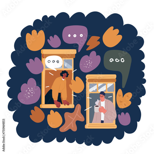 Cartoon vector illustration of woman and man talk to each other in window apartment, neighborhood people