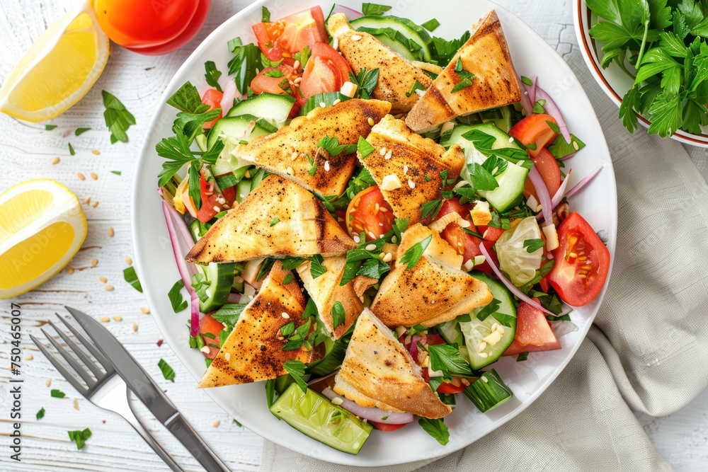 Traditional Levant dish Fattoush salad, Arab cuisine, with pita bread croutons, vegetables, herbs. Healthy Middle Eastern vegetarian salad, rustic wooden white background top view. Traditional Levant dish Fattoush salad, Arab cuisine, with pita bread croutons, vegetables, herbs. Healthy Middle Eastern vegetarian salad, rustic wooden white background top view.