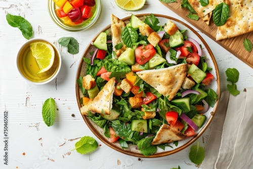 Traditional Levant dish Fattoush salad, Arab cuisine, with pita bread croutons, vegetables, herbs. Healthy Middle Eastern vegetarian salad, rustic wooden white background top view. 
