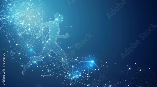 Abstract running man form lines and triangles, point connecting network on blue background. Illustration photo