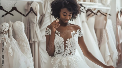African American bride is trying on an elegant wedding dress in modern wedding salon photo