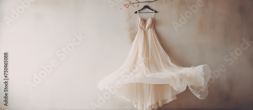 Elegant Lace Wedding Gown Suspended on a Wall in a Bridal Boutique Showcase photo