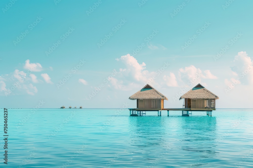 tropical minimalist mockup. Luxury panoramic view at exotic resort on turquoise seascape background. Bungalow, villas on beautiful beach on the ocean. 