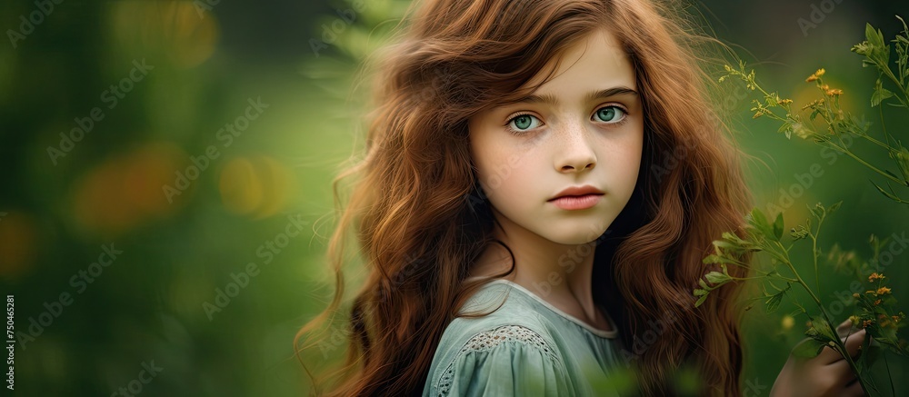 Serene Young Woman with Flowing Hair and Emerald Eyes in Harmony with Nature