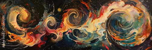 Abstract formations resembling planetary orbits and cosmic trajectories against a backdrop of swirling galaxies