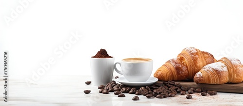 Delicious Breakfast Spread: Almond Croissant, Chocolate Croissant, and Coffee on White Table