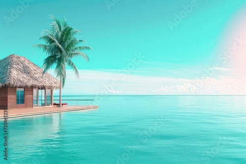 tropical minimalist mockup. Luxury panoramic view at exotic resort on turquoise seascape background. Bungalow  villas on beautiful beach on the ocean. 