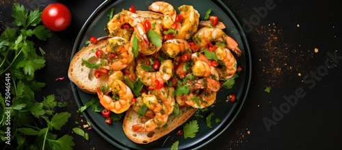 Delicious Shrimp and Tomato Plate Garnished with Fresh Fruits and Garlic Toasts