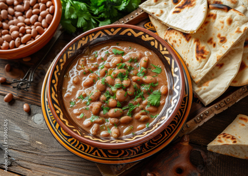 Sudanese Ful Medames, fava beans stew, in a traditional ornate bowl, topped with fresh parsley, served with flatbread on a wooden surface. Authentic Middle Eastern cuisine concept for design and print photo