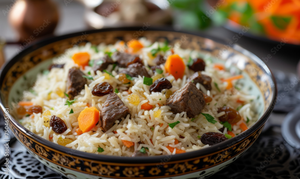 Afghan Kabuli Pulao with lamb, rice, raisins, and carrots in a decorative bowl. Close-up food photography. Afghan cuisine and traditional dishes concept for design and print
