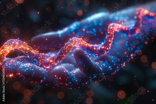 A patient undergoing gene editing therapy, visualized as vibrant glowing strands of DNA being modified photo