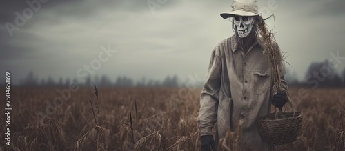 Eerie Scarecrow Stands Guard in Desolate Field on Ominous Overcast Day