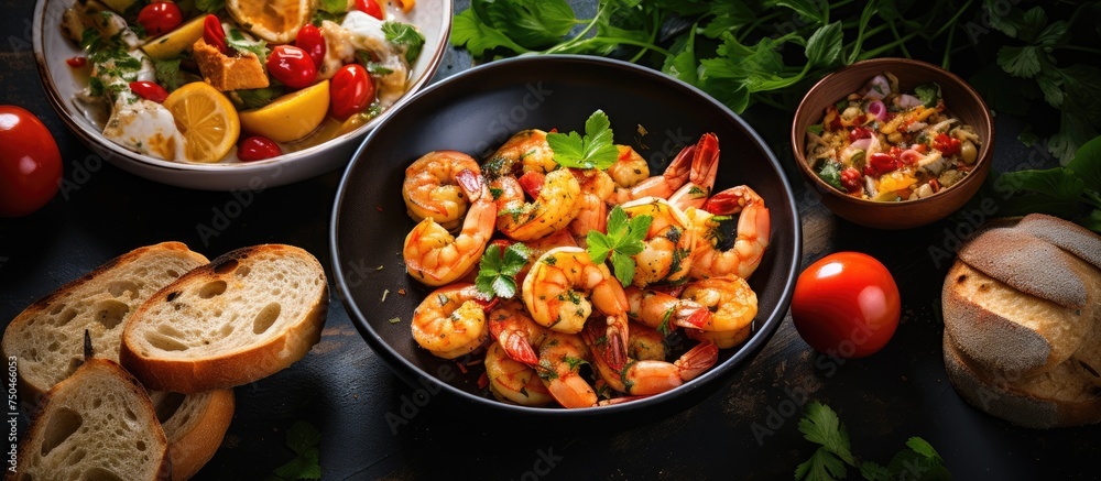 Delicious Shrimp Salad Served with Fresh Bread and Tomatoes - Culinary Delight