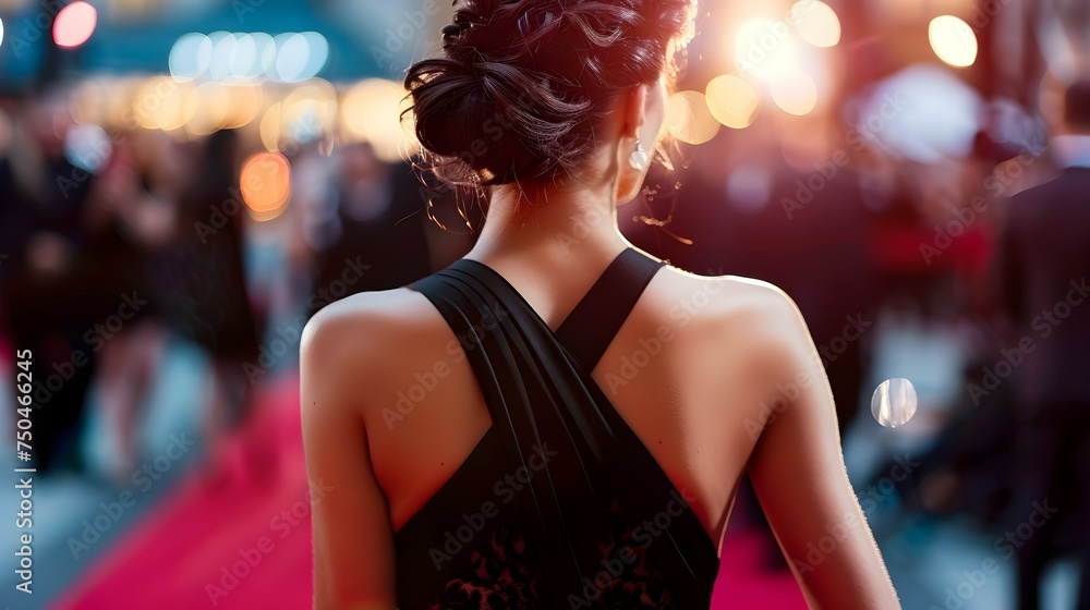 Back view of celebrity in black dress turning posing for paparazzi on red carpet