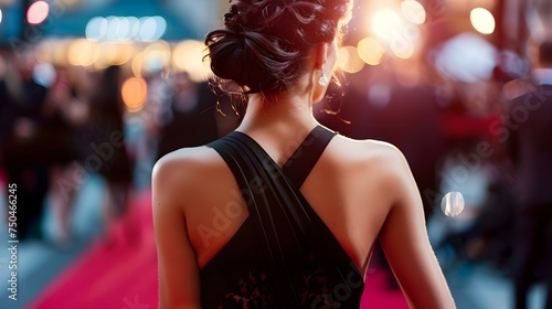 Back view of celebrity in black dress turning posing for paparazzi on red carpet