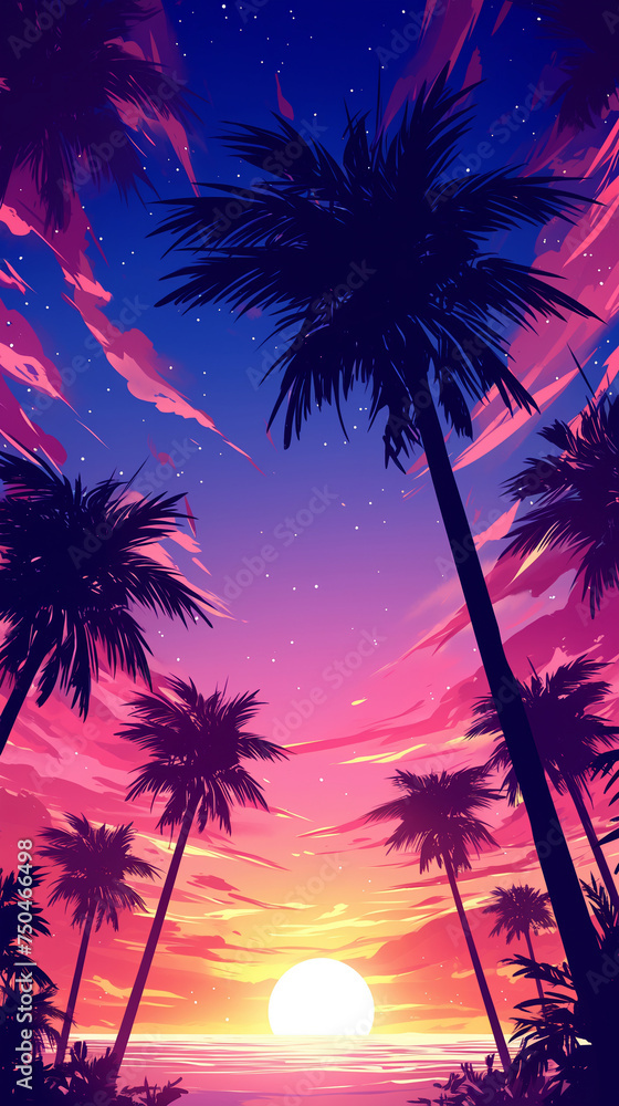 A cluster of palm trees against a sunset sky Calmness atmospheric photo footage for TikTok, Instagram, Reels, Shorts