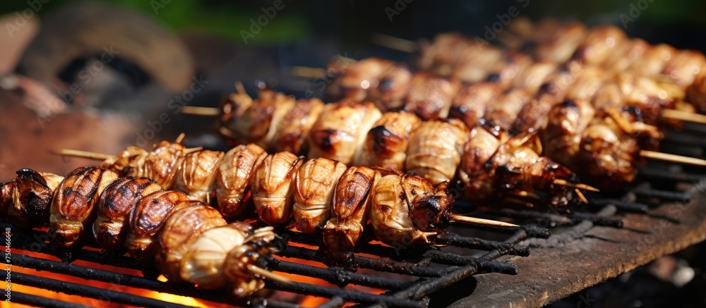 Assorted Grilled Silkworms on Skewers, Sustainable Food Source for Future, Gastronomy Concept Assorted Grilled Silkworms on Skewers, Sustainable Food Source for Future, Gastronomy Concept